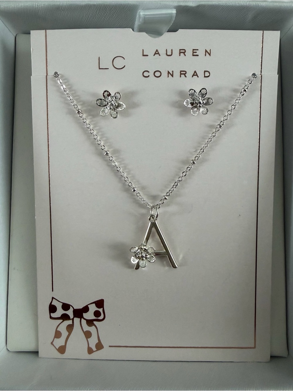 LC Lauren Conrad Silver Initial A Necklace with Flower Studs